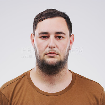 Buy stock photo Portrait, mugshot and man in studio for arrest, political activism or human rights with white background. Activist, serious and face of male person for Ukraine conflict, justice or stop war in Russia