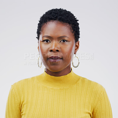 Buy stock photo Black woman, fashion and portrait with confidence in studio on white background in casual, style and elegant. Jewelry, aesthetics and satisfied for clothes, outfit and office wear with colorful top