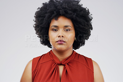 Buy stock photo Studio, serious and portrait and black woman in creative career for media company, magazine and newspaper isolated on white background. Closeup, face and young graduate for internship in writing job