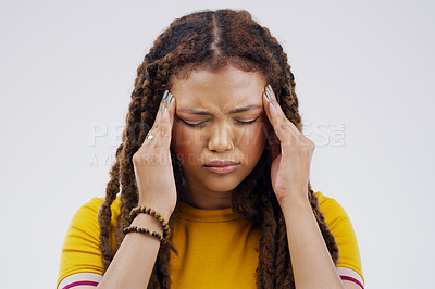 Buy stock photo Woman, hands and headache pain in studio with stress pressure for fatigue, migraine or dehydration. Female person, temple and massage on white background or brain fog tension, anxiety or mockup space