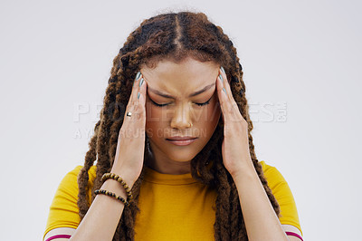 Buy stock photo Stress, frustrated and woman with headache, burnout or anxiety on white studio background. Person, girl or model with migraine, fatigue or depression with mental health, tired or emotion with tension
