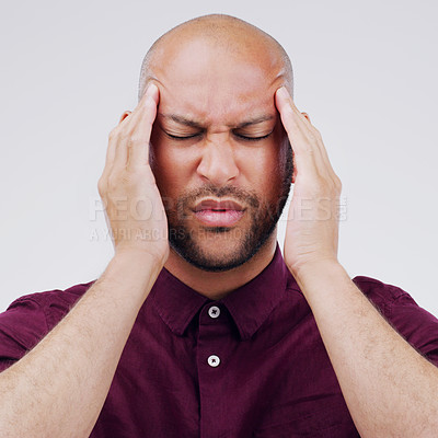 Buy stock photo Man, headache and temple pain in studio with vertigo tension or hand massage, fatigue or white background. Male person, stress and burnout for overworked with pressure migraine, hurt or mockup space