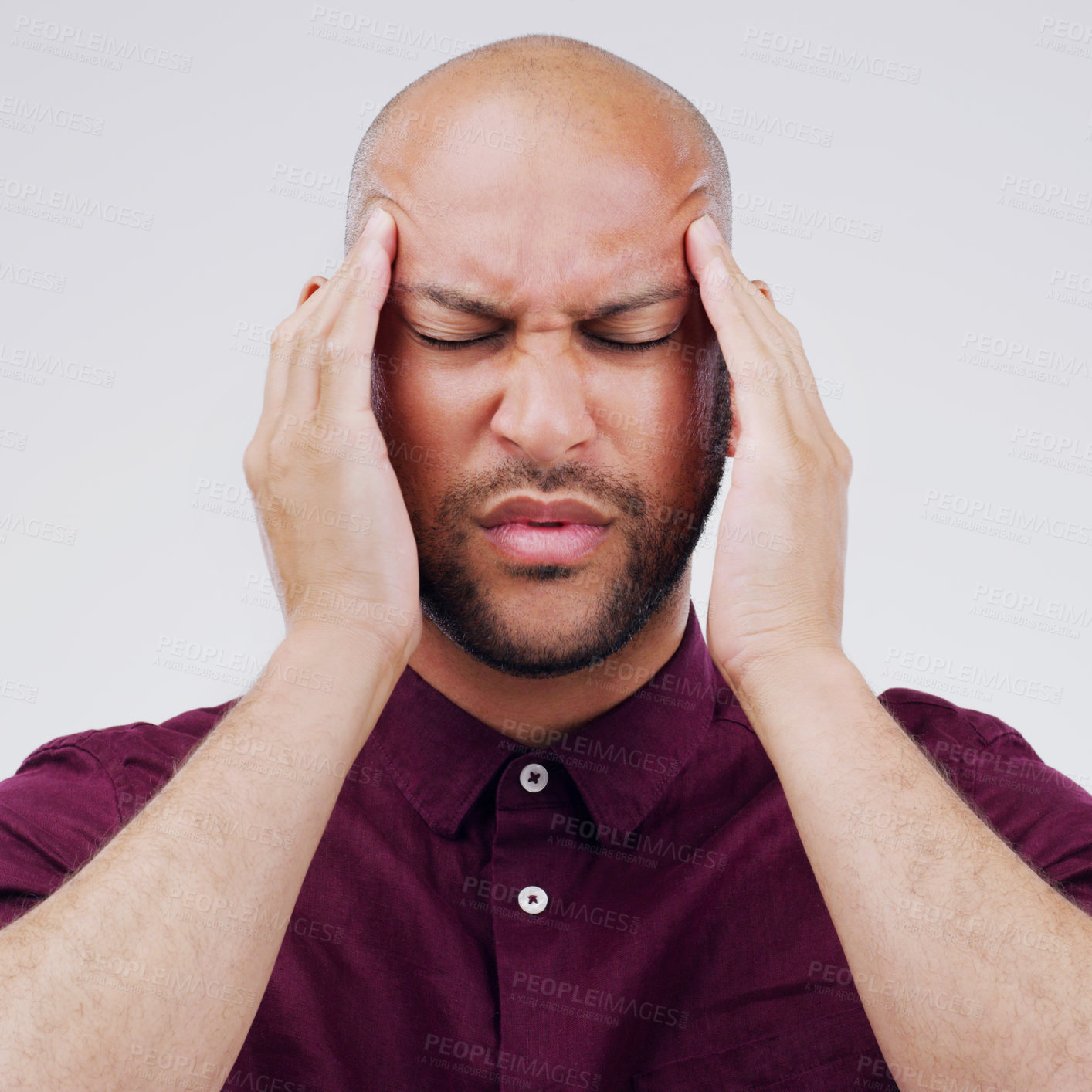 Buy stock photo Man, headache and temple pain in studio with vertigo tension or hand massage, fatigue or white background. Male person, stress and burnout for overworked with pressure migraine, hurt or mockup space