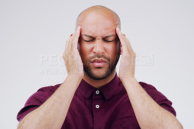 Buy stock photo Man, headache and temple pressure in studio with vertigo tension or hand massage, fatigue or white background. Male person, stress and burnout for overworked pain with migraine, hurt or mockup space