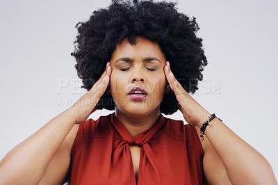 Buy stock photo Black woman, hands and temple headache in studio with stress pressure or fatigue, migraine or pain. Female person, tension and massage on white background or vertigo brain fog, dizzy or mockup space