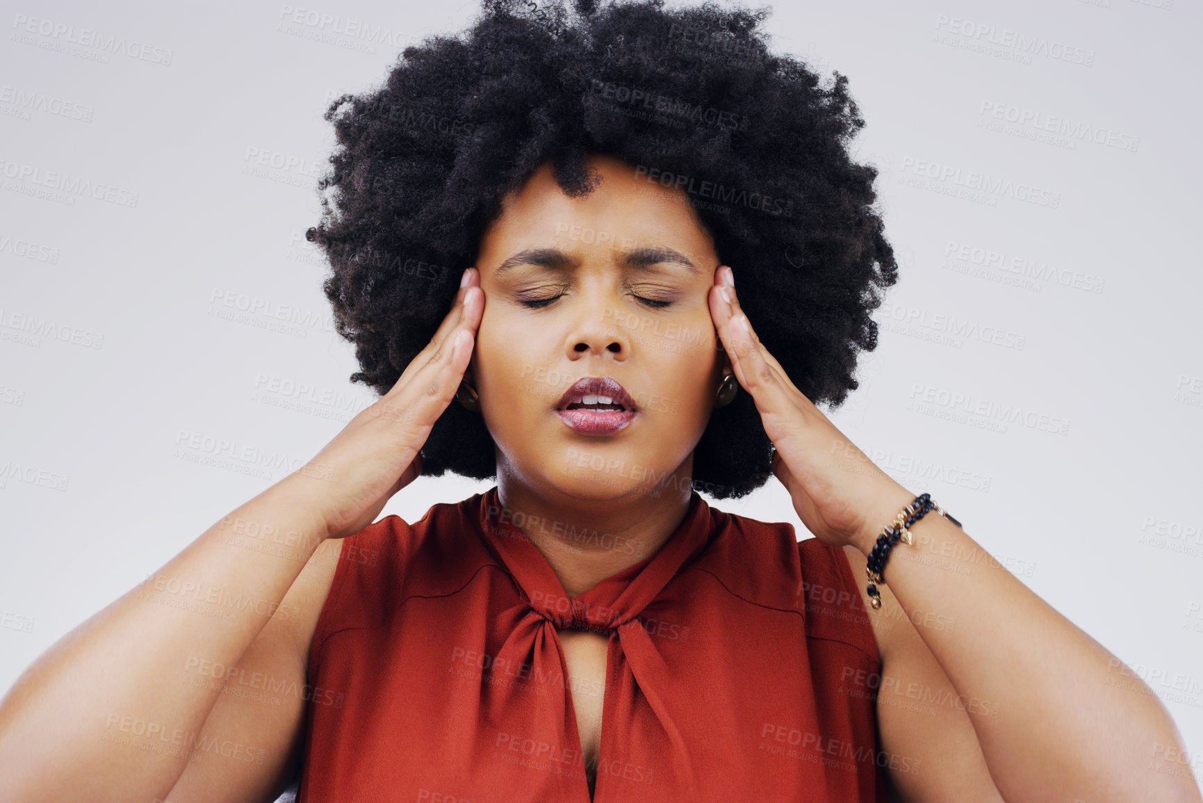 Buy stock photo Black woman, hands and temple headache in studio with stress pressure or fatigue, migraine or pain. Female person, tension and massage on white background or vertigo brain fog, dizzy or mockup space