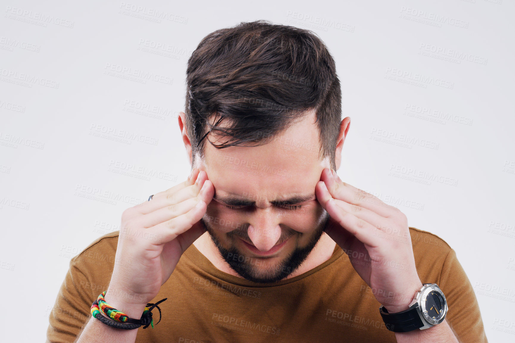 Buy stock photo Man, headache and pain in studio, crisis and burnout or anxiety for mental health on gray background. Male person, worry and sad for fail or mistake, migraine and distress on mockup space or upset