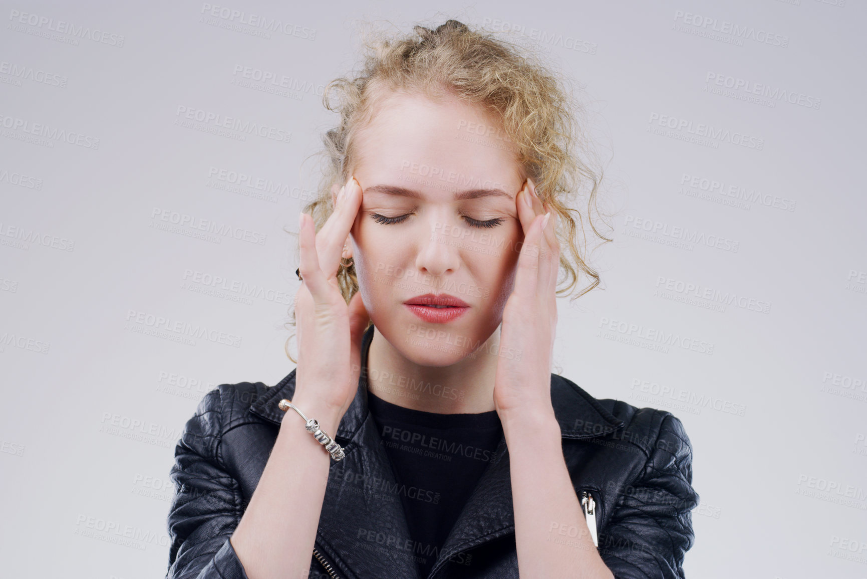 Buy stock photo Woman, headache and pain in studio with stress pressure for vertigo fatigue, migraine or burnout. Female person, temple and massage on white background or brain fog tension, anxiety or mockup space