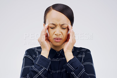 Buy stock photo Woman, headache and pain in studio, crisis and burnout or anxiety for mental health on gray background. Female person, worry and sad for fail or mistake, migraine and distress on mockup space or ill