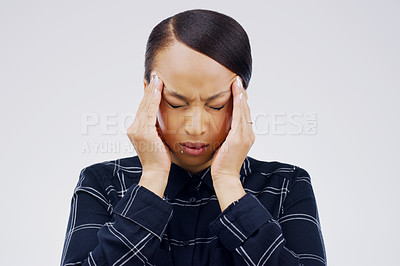 Buy stock photo Woman, headache and pain in studio, worry and burnout or anxiety for mental health on gray background. Female person, risk and sad for fail or mistake, migraine and distress on mockup space or stress