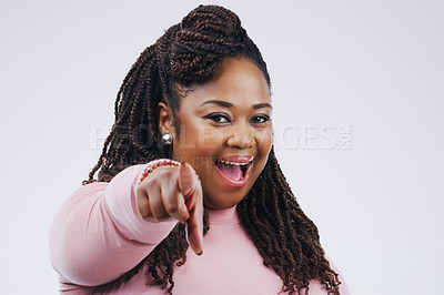 Buy stock photo Portrait, excited and black woman pointing at you for choice, selection and face in studio isolated on a white background space. Direction, decision and hand gesture for opportunity, vote or success