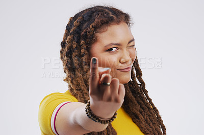 Buy stock photo Portrait, beckon and finger with woman, come here and sign on white studio background. Face, person and happy girl with hand gesture and promotion with model and calling with opportunity and symbol
