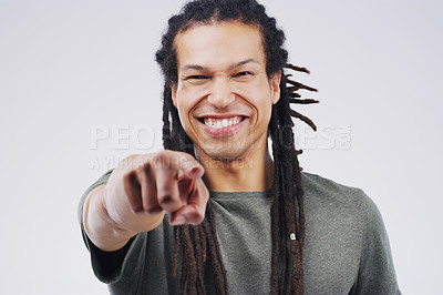Buy stock photo Portrait, smile and man pointing at you for decision, selection and face in studio isolated on a white background space. Direction, choice and hand gesture of happy person for opportunity or success
