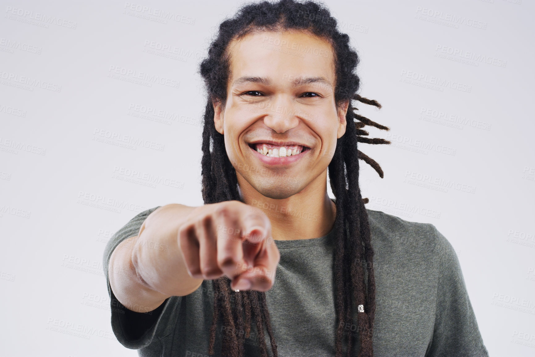 Buy stock photo Portrait, smile and man pointing at you for choice, decision and face in studio isolated on a white background space. Direction, selection and hand gesture for opportunity, support or hiring emoji