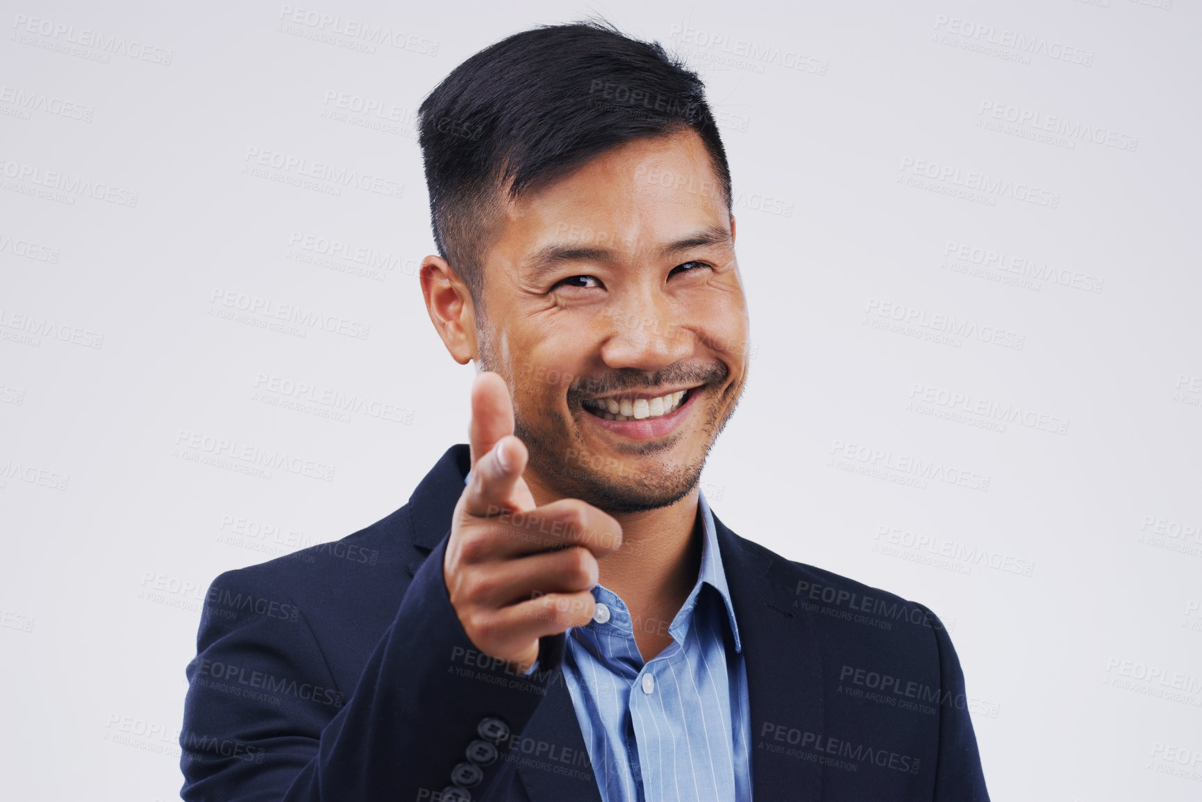 Buy stock photo Portrait, smile and Asian man pointing at you for choice, business decision and face isolated in studio. Direction, selection or hand gesture for opportunity, hr or hiring on a white background space