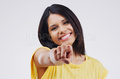 Buy stock photo Portrait, happy and woman pointing at you for decision, choice and face isolated in studio. Direction, selection and hand gesture for opportunity, support or hiring on a white background mockup space