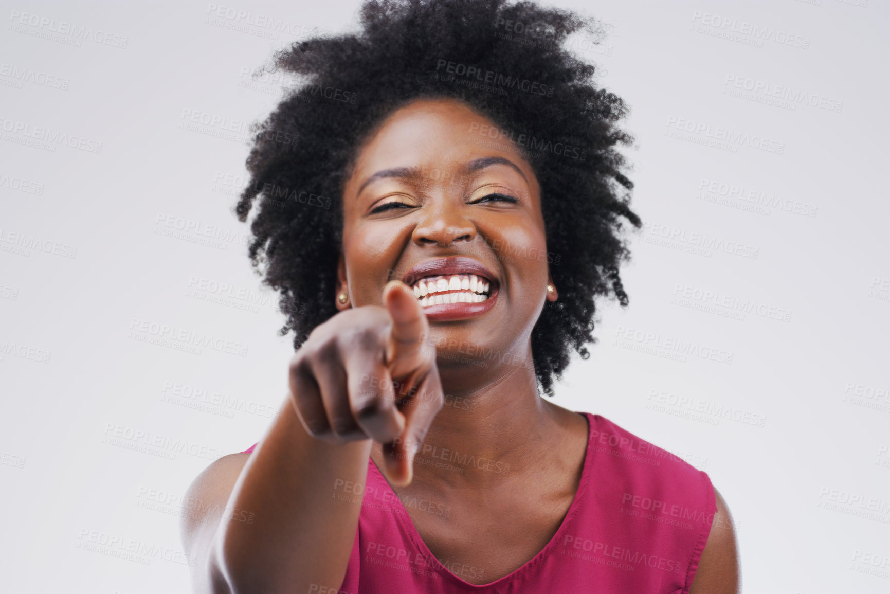 Buy stock photo Portrait, happy and black woman pointing at you for decision, choice and face isolated in studio. Direction, selection and hand gesture for opportunity, laughing or funny on a white background space