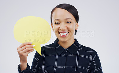 Buy stock photo Happy woman, portrait and speech bubble for social media, question or FAQ with smile against a white studio background. Excited female person smiling with sign for comment, message or mockup space