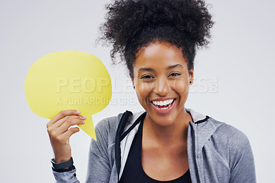 Buy stock photo Happy black woman, portrait smile and speech bubble for social media, question or FAQ against a white studio background. African female person smiling with sign for comment, message or mockup space
