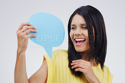 Buy stock photo Happy woman is excited, speech bubble and social media with mockup space and online voice on white background. Communication, announcement and female person with news and opinion in studio