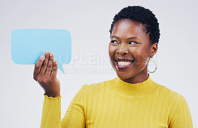 Buy stock photo Woman, thinking and studio with speech bubble or comment, idea and promotion for advertising. Opinion, faq and quote for product placement, reply or answer for conversation on white background
