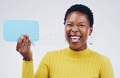 Buy stock photo Happy black woman, portrait and speech bubble for social media, question or FAQ against a white studio background. Excited African female person with smile or sign in comment, message or mockup space