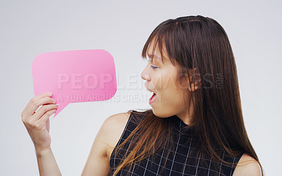 Buy stock photo Surprised, woman with speech bubble and against a white background. Communication or conversation, social media or announcement and person with wow or shock reaction in a studio with voice opinion