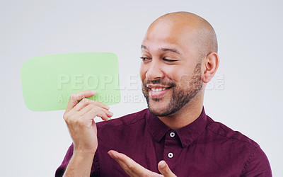 Buy stock photo Man, studio and happy with gesture or speech bubble, idea and comment for promotion or advertising. Opinion, faq and quote for product placement, reply or answer for conversation on white background