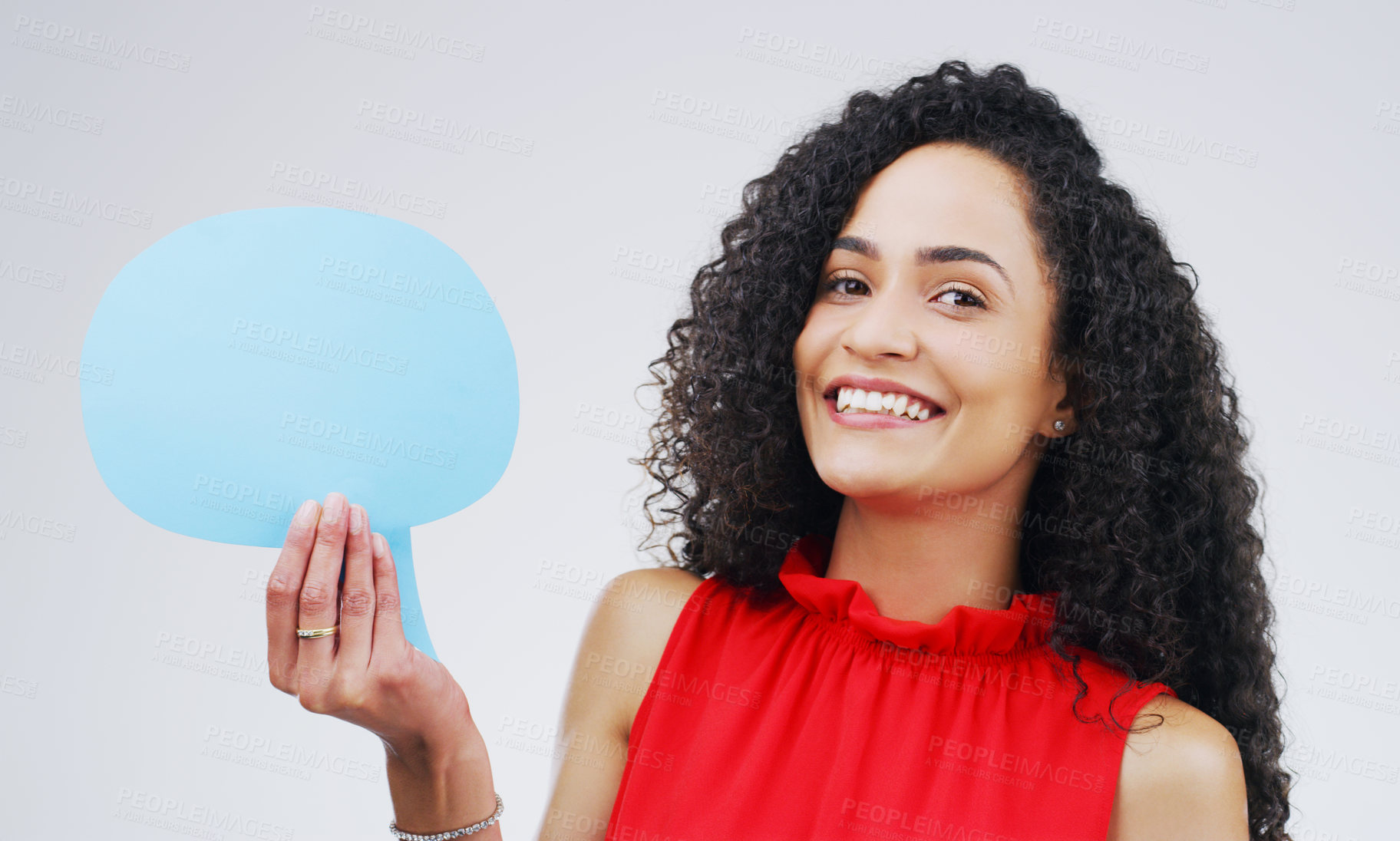 Buy stock photo Happy woman, portrait and face with speech bubble for social media, FAQ or question on a white studio background. Female person smiling with shape, symbol or sign for comment, message or mockup space