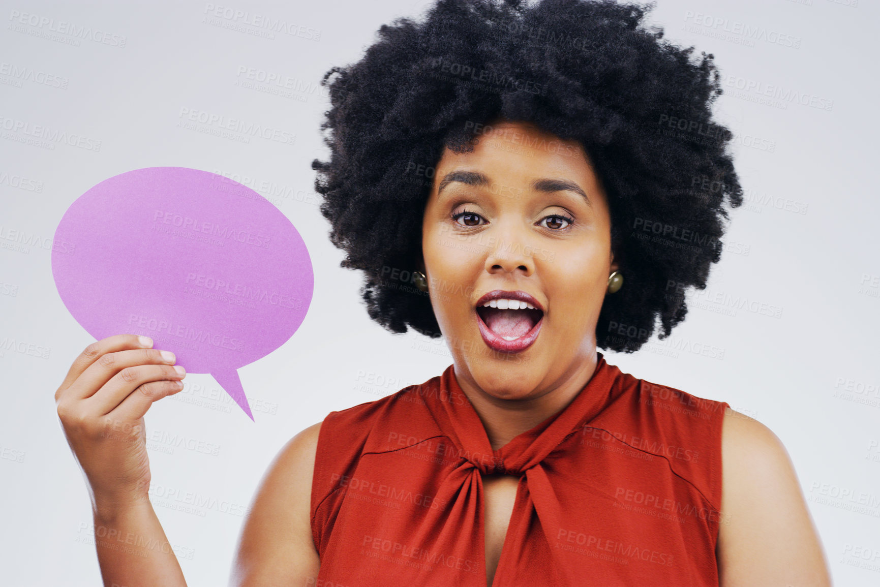 Buy stock photo Happy woman, portrait and speech bubble for question, surprise or social media against a white studio background. Female person smiling with afro or sign for comment, message or FAQ on mockup space