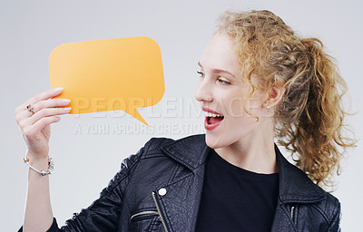 Buy stock photo Woman, speech bubble and social media with mockup space and online branding on white background. Communication, excited about announcement and happy female person with news and advertising in studio