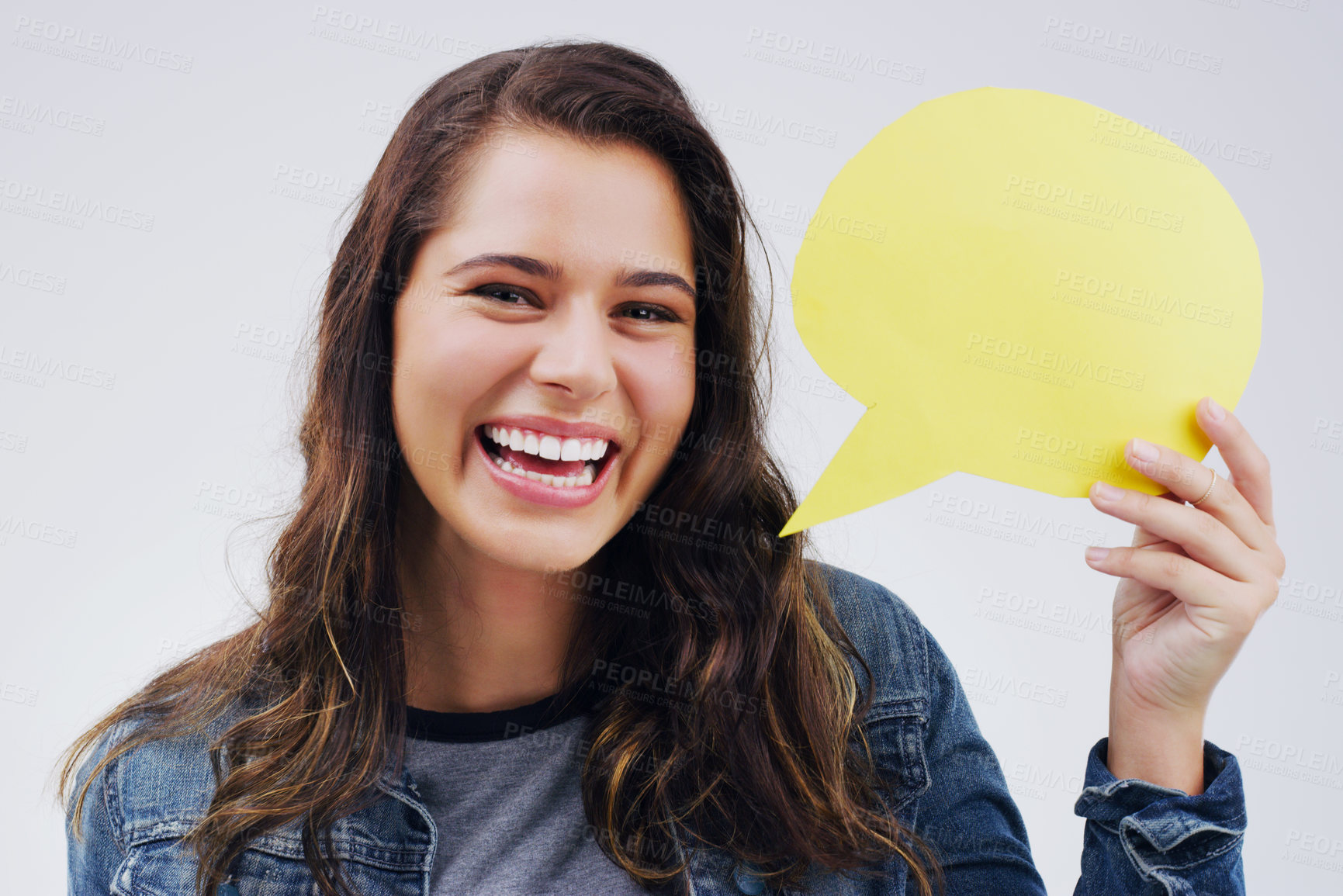 Buy stock photo Happy woman, portrait smile and speech bubble in social media, question or FAQ against a white studio background. Female person smiling with shape, symbol or sign for comment, message or mockup space