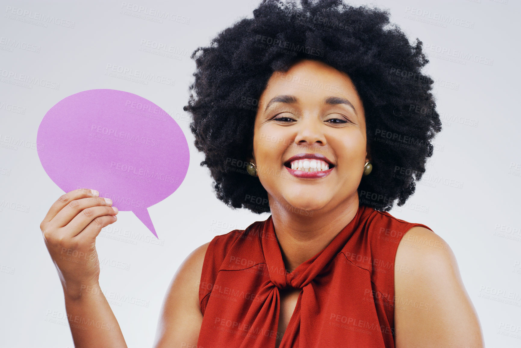 Buy stock photo Happy woman, portrait smile and holding speech bubble for question, FAQ or social media against a white studio background. Female person smiling with afro or sign for comment, message or mockup space