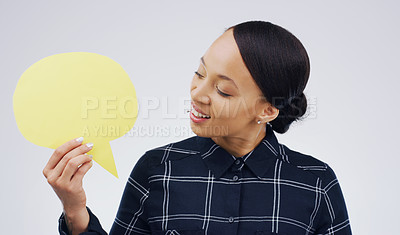 Buy stock photo Woman, thinking and happy in studio with speech bubble, idea and promotion for advertising. Opinion, faq and quote for product placement, comment or answer for conversation on white background