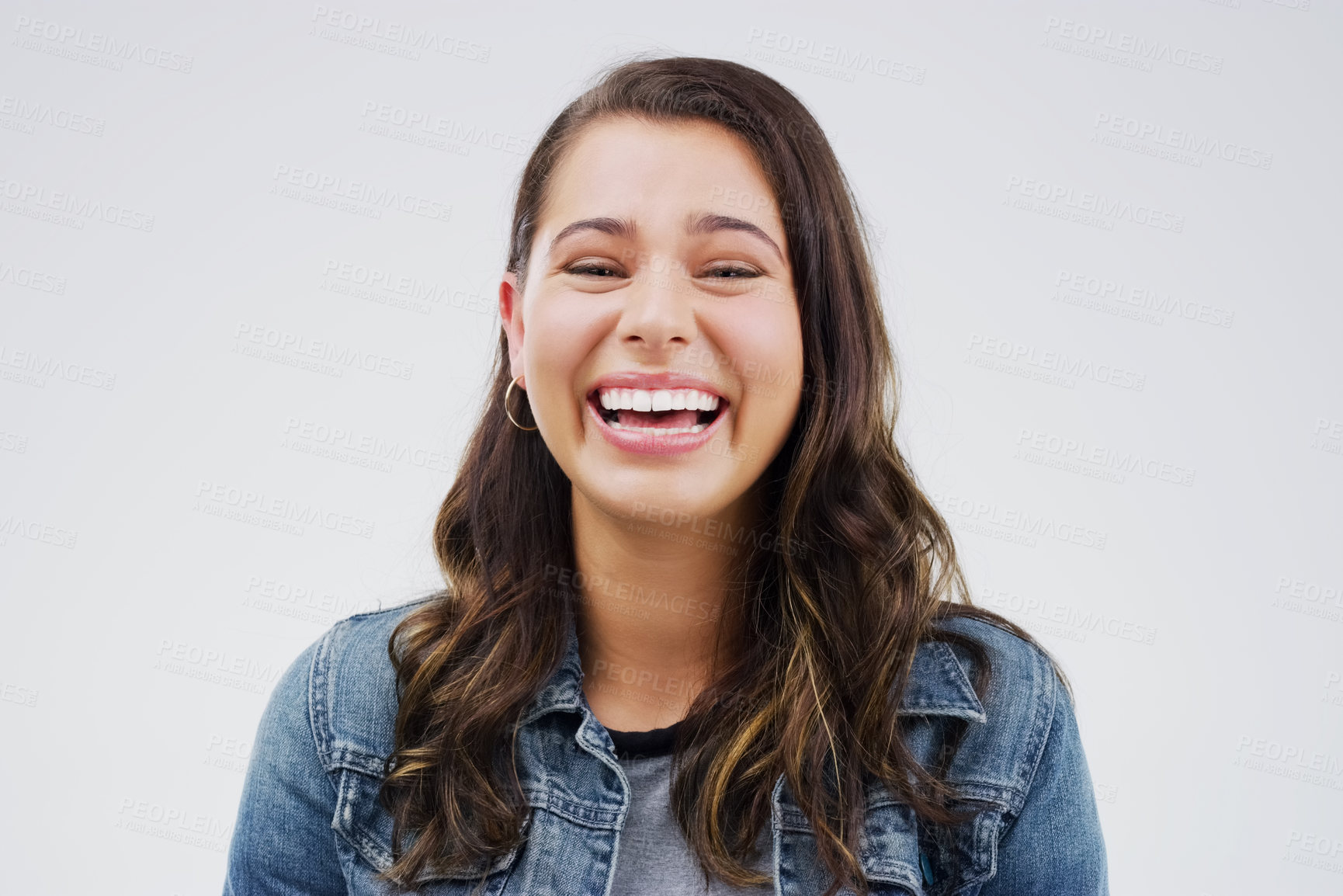 Buy stock photo Portrait, woman and happy with laugh by studio background for mockup space, comic joke and excited expression. Smile, isolated and female person by grey backdrop for happiness, meme and gen z comedy