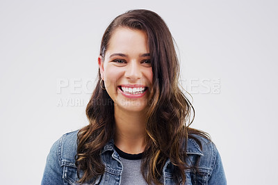 Buy stock photo Portrait, woman and happy with smile by studio background for mockup space, comic joke and excited expression. Face, isolated and female person by grey backdrop for happiness, meme and gen z comedy