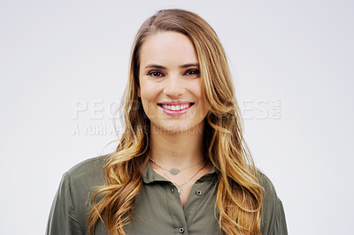 Buy stock photo Portrait, smile and woman with confidence, happiness and joyful person on white studio background. Face, girl and model with mockup space ot promotion with opportunity ot cheerful with stylish outfit