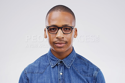 Buy stock photo Serious, portrait and black man in creative career for media company, magazine publication and newspaper isolated on white background. Mockup, face and young graduate for internship in writing job