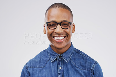 Buy stock photo Happy, portrait and black man in studio for creative career at media company, magazine and newspaper isolated on white background. Mockup, face and young graduate for internship in writing job