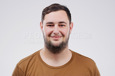 Buy stock photo American man, portrait and smile in studio with confidence, happiness and plus size fashion by white background. Casual outfit, game programmer and millennial male person on backdrop with pride