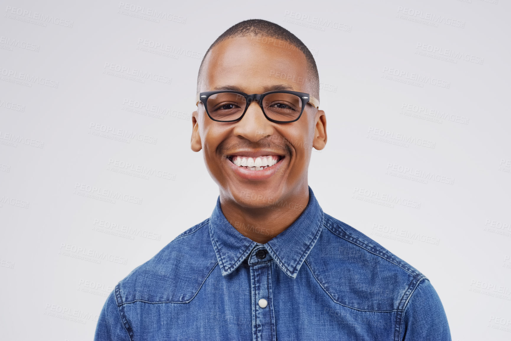 Buy stock photo Smile, portrait and black man in studio for creative career at media company, magazine and newspaper isolated on white background. Mockup, face and young graduate happy for internship in writing job