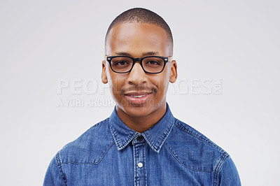 Buy stock photo Smile, portrait and black man in creative career for media company, magazine publication and newspaper isolated on white background. Mockup, face and young graduate for internship in writing job