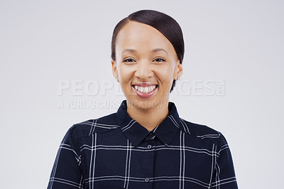 Buy stock photo Happy, smile and portrait of woman in studio for satisfaction, joy and pride on white background. Female person, journalist and editor with confidence for career, creative job and positivity