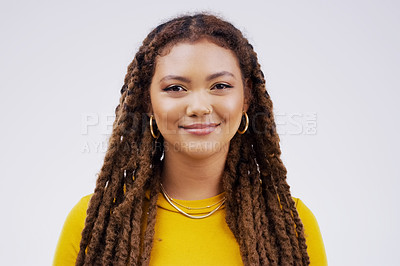 Buy stock photo Portrait, happy and braids with a black woman in studio on a gray background for beauty or fashion. Face, smile and style with an attractive young female person feeling confident in trendy clothes