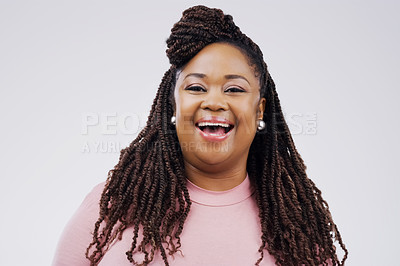 Buy stock photo Black woman, portrait and laugh in studio for funny joke, comic and silly on gray background. Female person, happy and goofy comedy or mockup space for humor, positive and smile for joy or wellness