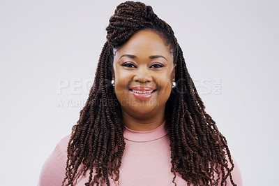 Buy stock photo Black woman, portrait and braids in studio for haircare, style and positive on gray background. Happy female person, face and confident for beauty or cosmetics, mockup space and texture for treatment