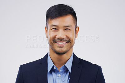 Buy stock photo Portrait, business and Asian man with a smile, lawyer and confident guy against a grey studio background. Face, male person and employee with happiness, agent and career development with professional