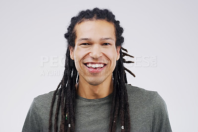Buy stock photo Man, portrait and laugh in studio for funny joke, comic and silly on gray background. Male person, happy and goofy comedy or mockup space for humor, positive and smile for satisfaction or wellness