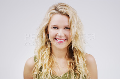 Buy stock photo Studio, beauty and portrait for woman, cosmetic and haircare shampoo isolated on white background. Face, salon and curly hair treatment for female model person, keratin and balayage and growth