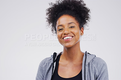 Buy stock photo Portrait, mockup and black woman with a smile, fitness and confident girl against grey studio background. Face, female person or model with happiness, casual outfit or cheerful with positive attitude